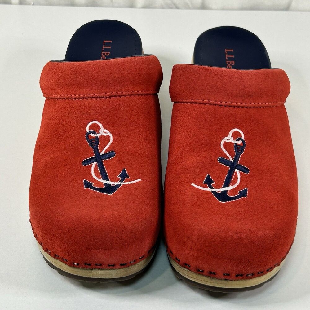 L.L. Bean Nautical Red Suede Faux Wood Mule Shoes Womens 8.5 Embroidered Anchor